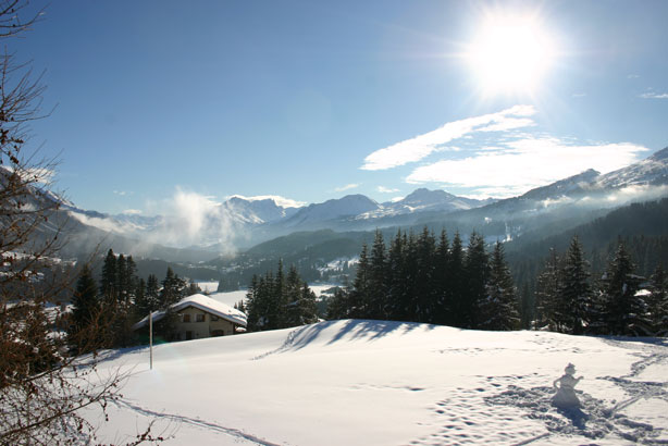 Schneemann vor Bergpanorama